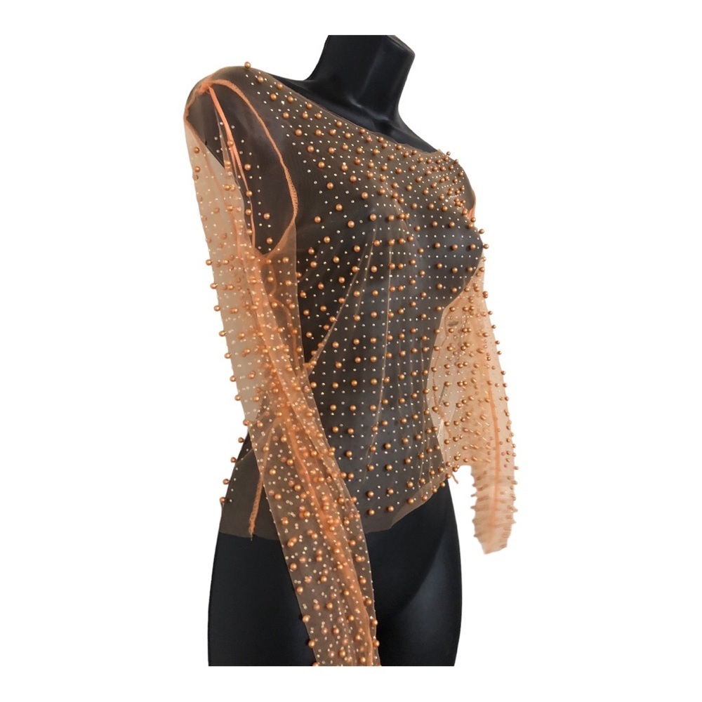 Orange peach sheer beaded long sleeve mesh‎ top shirt size small new